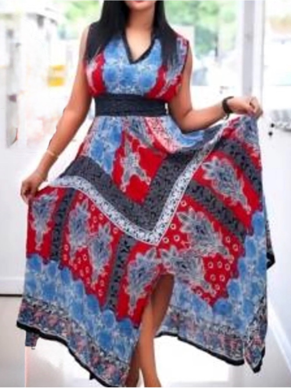 Bila Handkerchief Hem Smocked Paisley Western Boho Maxi Dress XXL Peasant